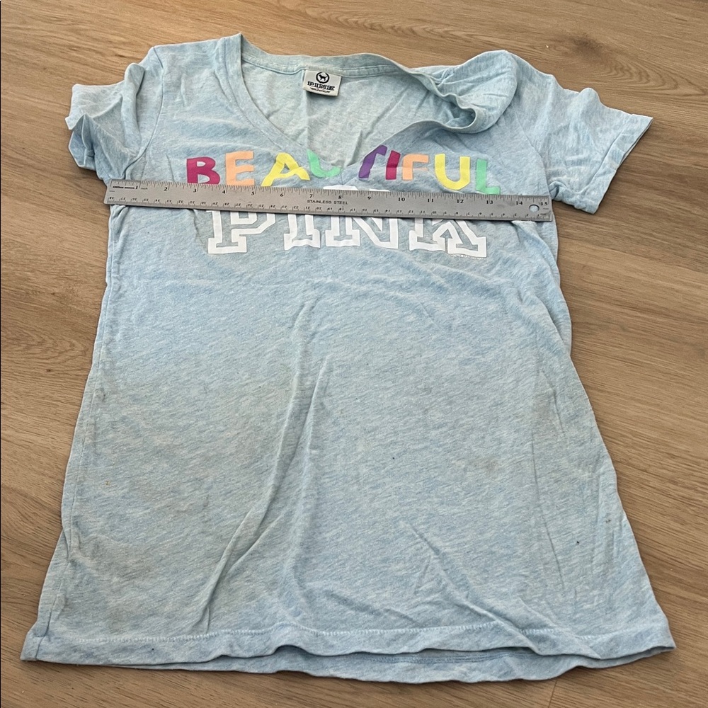 PINK Victoria's Secret Light Blue 'Beautiful' Rainbow Graphic V-Neck Tee